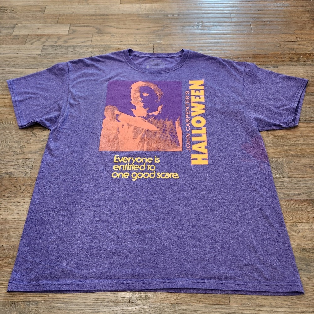 John Carpenters Halloween Mens XL‎ Purple Orange Entitled to a Good Scare Shirt